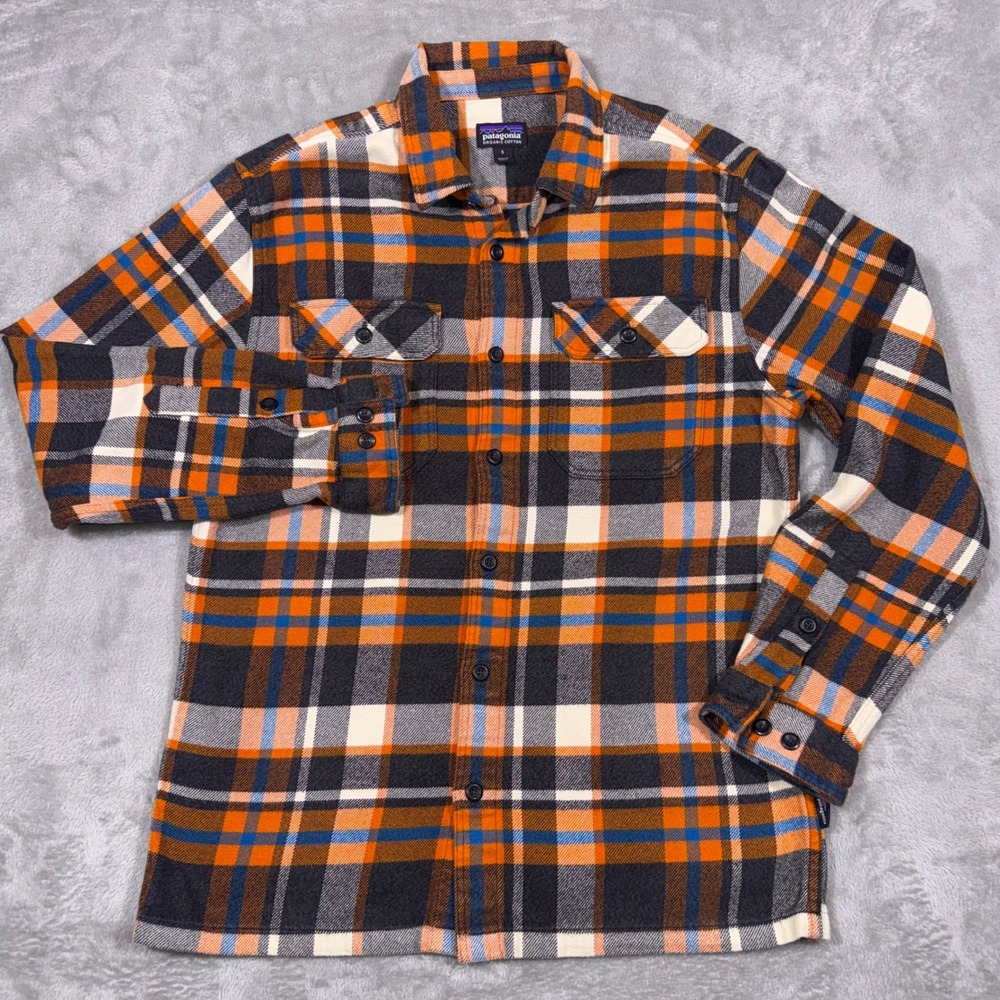 Patagonia Fjord Flannel Shirt Orange Blue Plaid Organic Cotton Men's Small